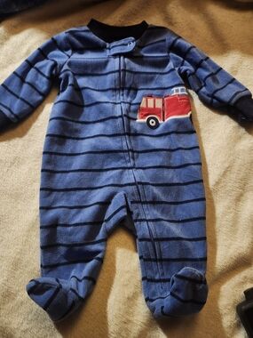 Carter's Blue Striped Footed One-Piece with Red Fire Truck